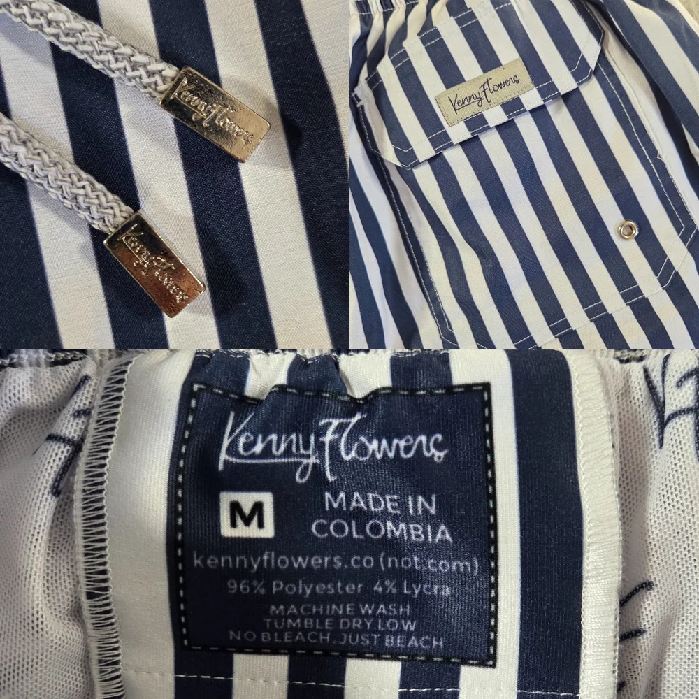 Kenny Flowers Striped Swim Trunks Blue White Resort Beach Shorts Men’s Medium